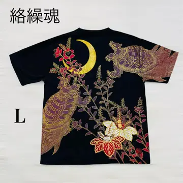 카라쿠리타마시 일본풍 패턴 티셔츠 블랙 거북이 꽃무늬 초승달 L 자수