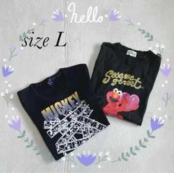 '2장 세트' 미키 & 세서미 스트릿 반팔 티셔츠(L) 블랙 프린트