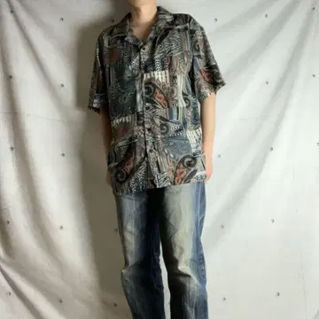 [ 오픈 카라 셔츠 올 패턴 폴리 셔츠 반팔 남성용 구제 의류 ]