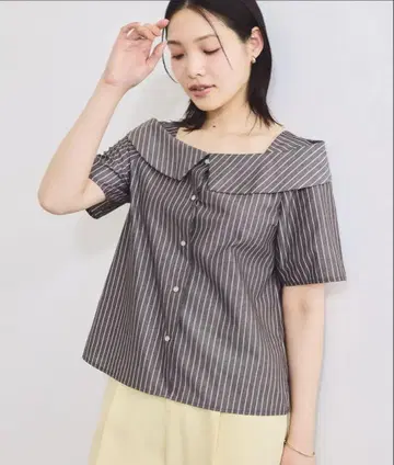 라메 VIS 믹스 오프숄더 스트라이프 셔츠 다크 브라운