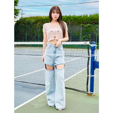 다리치 컷 아웃 데님 팬츠