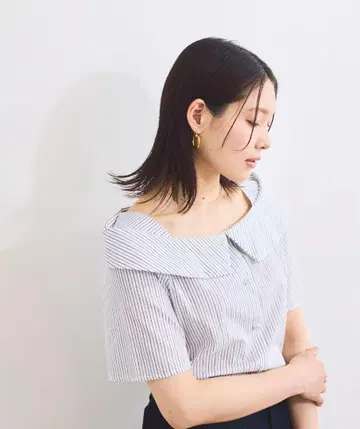 VIS 라메 믹스 오프숄더풍 스트라이프 셔츠
