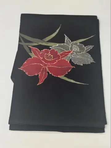 나고야 오비 블랙 베이스 꽃무늬 자수
