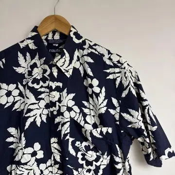 90s Nautica 반팔 알로하 셔츠 하이비스커스 네이비 단색