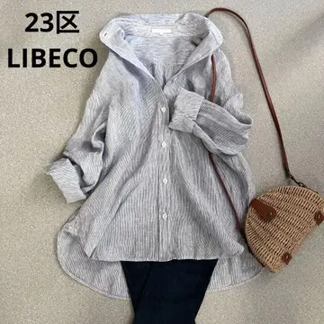 23구 LIBECO 린넨 100% 스트라이프 셔츠 블루 블라우스 리베코