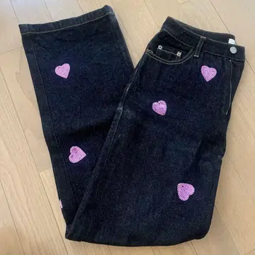 jouetie 블랙 데님 팬츠 하트 장식