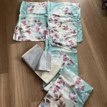스카이블루 꽃무늬 유카타 오비 세트