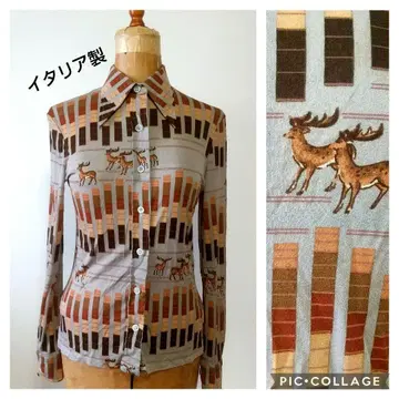 이탈리아제 사슴 프린트 긴팔 셔츠 쇼와 레트로