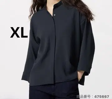 익명 미사용 유니클로 드레이프 블라우스 네이비 7부 소매 밴드 카라 XL