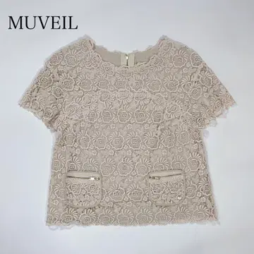Mubeil 탑 셔츠 반팔 레이스 플라워 꽃 핑크 베이지 M