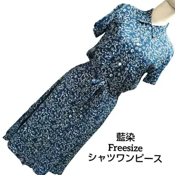 네이비 나염 네이비 꽃무늬 셔츠 원피스 반팔 허리 리본 Freesize