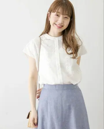 어반 리서치 밴드 카라 코튼 레이스 셔츠 화이트