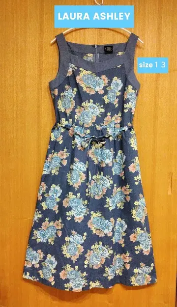 LAURA ASHLEY 총 꽃무늬 원피스 리본 벨트 포함 블루 계열