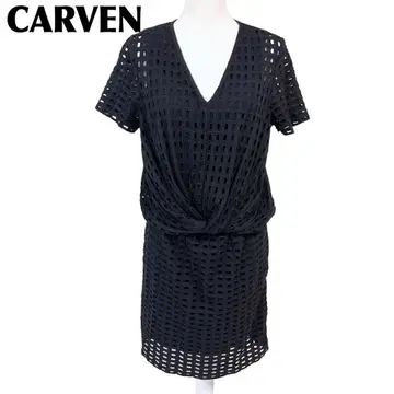 CARVEN 반팔 원피스 메쉬 허리 조임 M 올 패턴 블랙