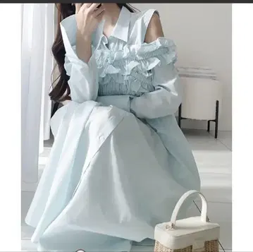 스카이블루 프릴 긴팔 셔츠 원피스