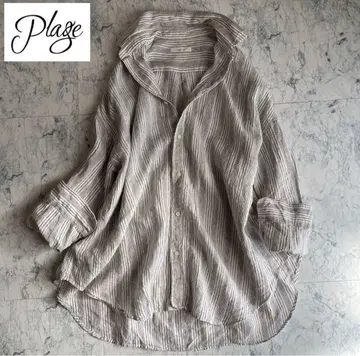 새상품급 플라주 린넨 랜덤 스트라이프 빅 셔츠 화이트 F