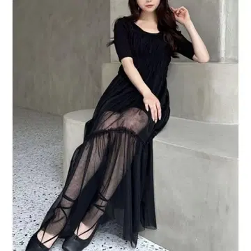 RESEXXY 니트 콤비 레이어드 튤 원피스 블랙