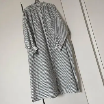 저널 스탠다드 스트라이프 린넨 밴드 카라 개더 셔츠