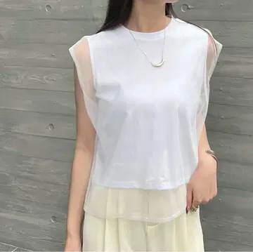 Futier land 레이어드 시어 튤 슬리브리스 상의