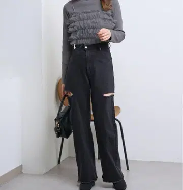 Chico(치코) 사이드 슬릿 데미지 데님 팬츠