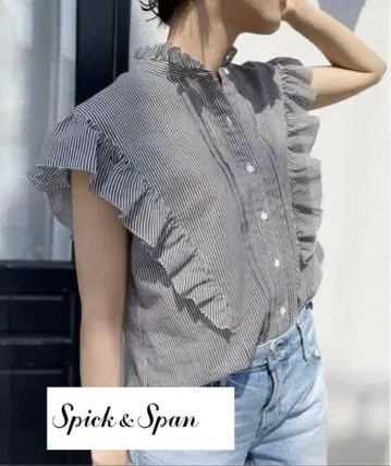 스픽 앤 스팬 슬리브리스 핀턱 프릴 블라우스 코튼 실크