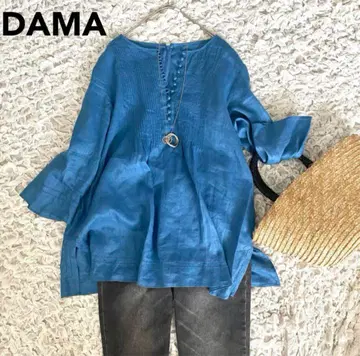 극미품 다마 컬렉션 린넨 핀턱 튜닉 블라우스 블루