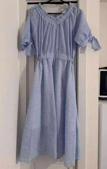 스카이블루 깅엄 체크 반팔 롱 원피스 le reve vaniller
