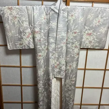 코몬, 호몬기, 꽃무늬 고급 실크, 광택 실버 그레이, 새상품급, 새상품