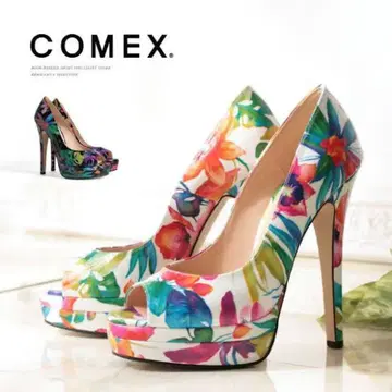 COMEX 펌프스 코메 하이힐 오픈토 꽃무늬 5503