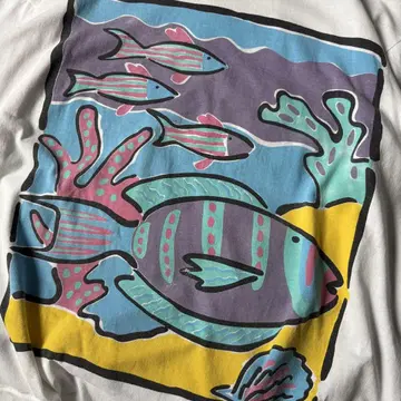 80년대 90년대 싱글 스티치 물고기 아트 vintage 티셔츠 화이트