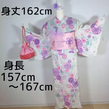 여성용 유카타 세트 기장 162cm 화이트 병자 오비 보라색 오비 리본