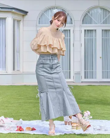 미셸 마카롱 머메이드 데님 스커트 라이트 블루 프리 사이즈