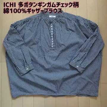 ICHI(이치) 다버튼 깅엄 체크 무늬 면100% 개더 블라우스