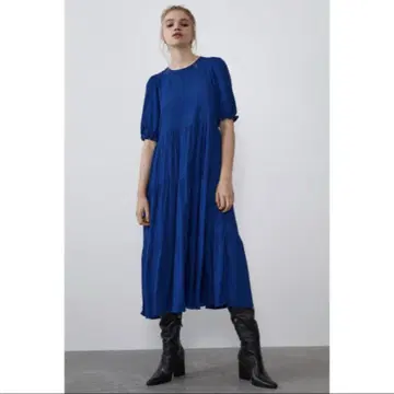 ZARA 티어드 롱 원피스 블루 퍼프 슬리브 반팔 XS