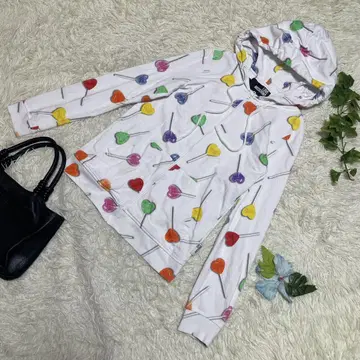 러브 모스키노 후드티 화이트 캔디 올 패턴 파일 원단 여성용 38 S