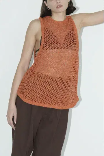 CLANE ROUND MESH KNIT TOPS ORANGE 사이즈 1