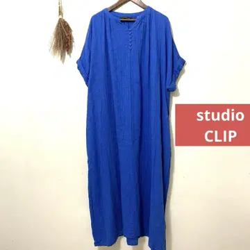 스튜디오 클립 여름 분위기 블루 반팔 마 혼방 롱 원피스