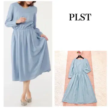 520 새상품급 PLST 플라스테 허리 개더 플레어 원피스 블루