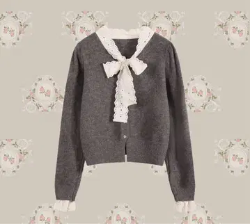 LA POMME petit 리본 레이스 파이핑 가디건 그레이