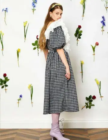 sisterjane 체크 무늬 롱 드레스 프릴 카라 부착