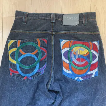COOGI 컬러풀 자수 다크 데님 와이드 레그 팬츠