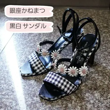 긴자 카네마츠 화이트 블랙 깅엄 체크 샌들 힐 8cm