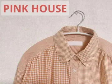 PINK HOUSE 핑크 하우스 둥근 카라 긴팔 셔츠 깅엄 체크 오렌지