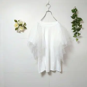 얇은 명주 그물 소매 반팔 티셔츠 화이트 M~L