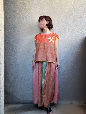 기모노 리메이크/색 오시마 x 츠무기/블라우스/프렌치 슬리브