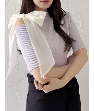 dazzlin 반팔 원숄더 리본 니트탑 퍼플 보라색
