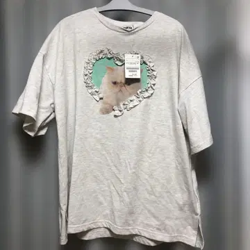 PUUBUX 고양이 프린트 프릴 반팔 티셔츠 그레이