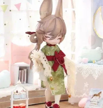 일본풍 인형 의상 그린 컬러 빨간 리본