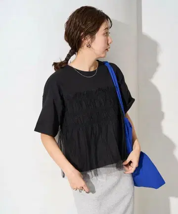 얇은 명주 그물 프릴 도킹 반팔 티셔츠