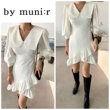 [새상품] by muni:r 빅 카라 비대칭 프릴 원피스